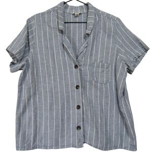 Hang Ten Button Front Shirt Womens XL Blue White Striped Linen Blend Excellent
